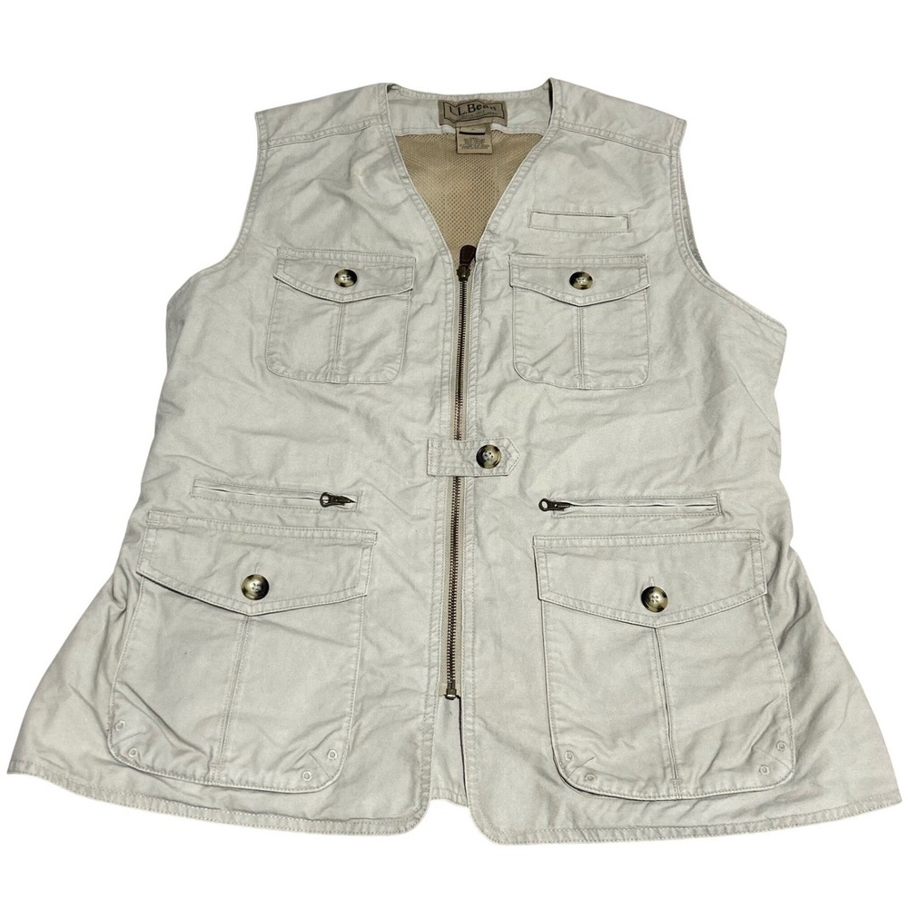 VTG L.L.Bean Fly Fishing Vest Mens L Beige Multi-Pocket Mesh Lined Cotton